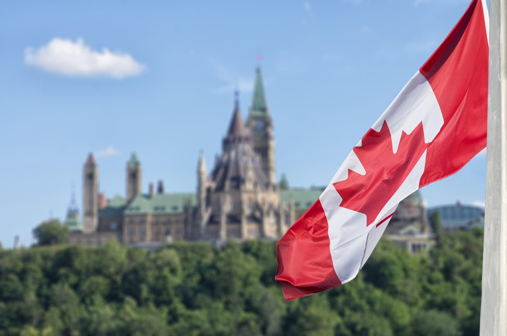 Canadian flag with Parliament Hill in the distance