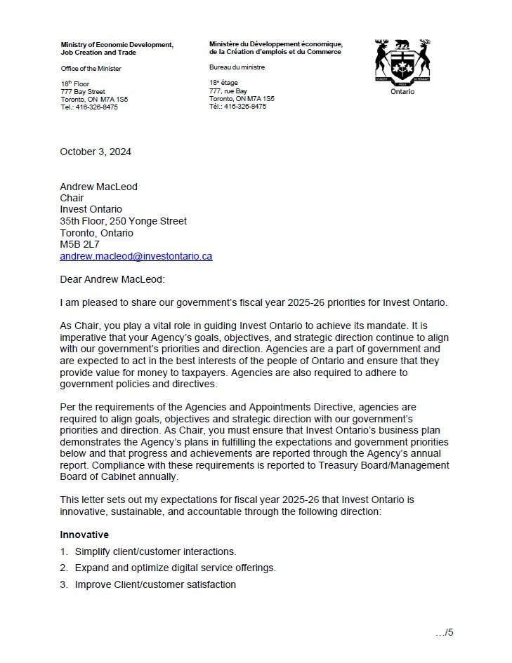 Invest Ontario Mandate Letter 2025-2026