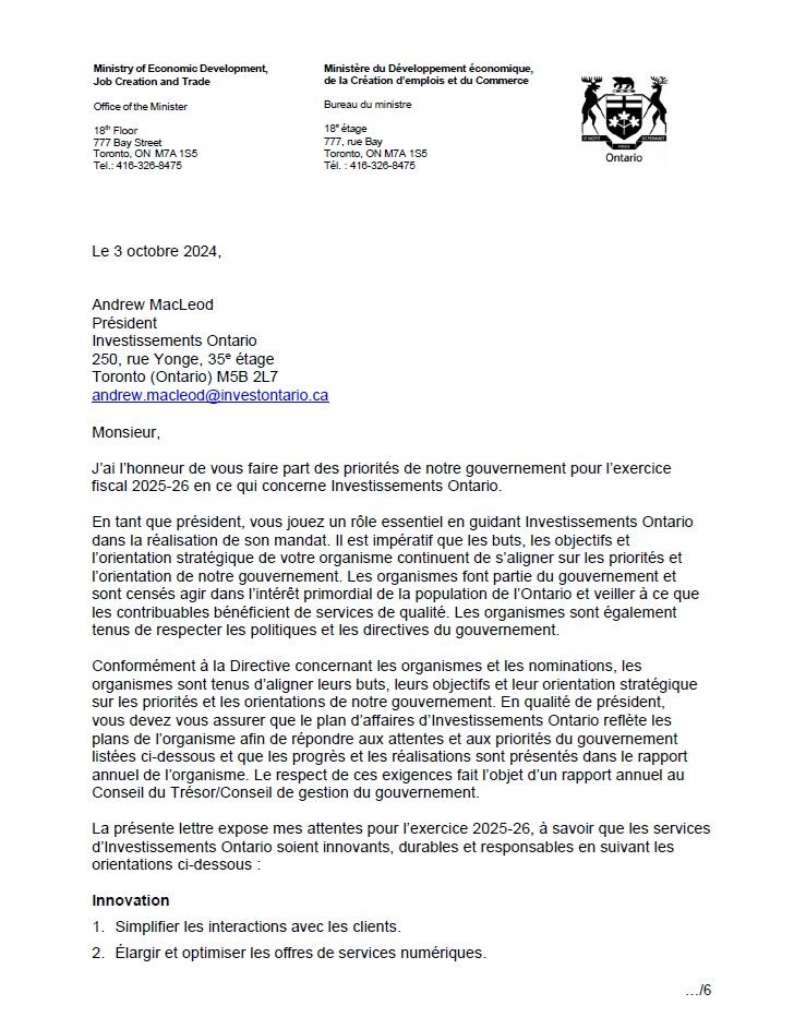 Lettre de mandat d’Investissements Ontario de 2025-2026