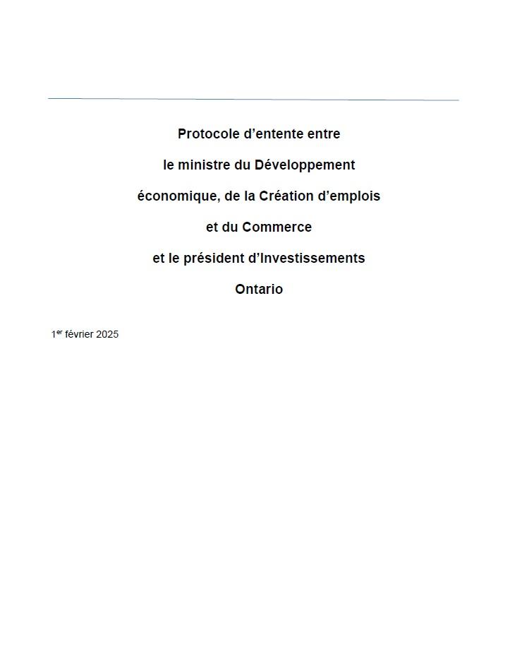 Protocole d'entente entre MDECEC et d'Investissements Ontario