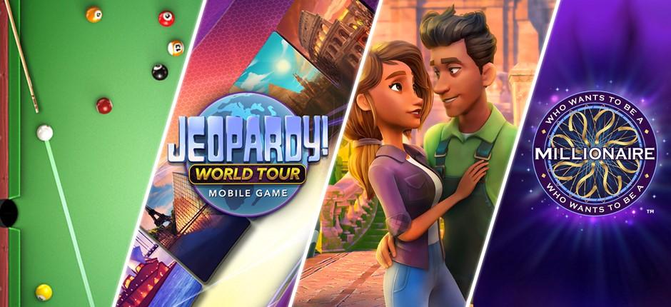 Panel of game images for billiards, Jeopardy, Ava’s Manor and Who Wants to be a Millionaire.